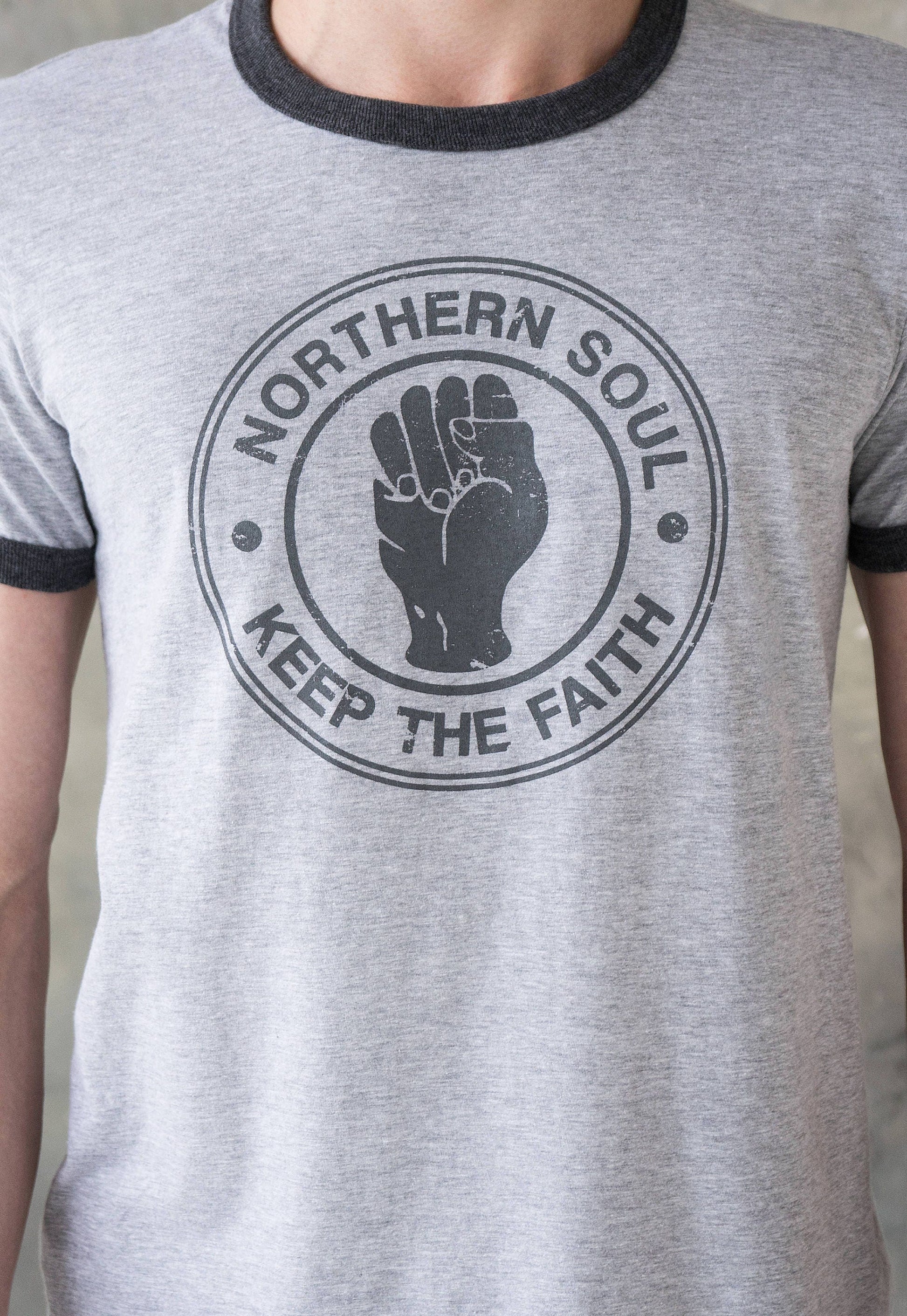 Northern Soul Ringer T Shirt Keep The Faith Logo Distressed Burnout Retro Print Mod Mods Soul 60s Vintage Style Hand Printed T-Shirt Top Tee