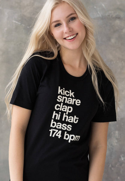 DJ T Shirt Kick Snare 174 BPM Synthesizer Drum and Bass Synth Music Neurofunk Junglist Jungle Music Womens Mens Printed Tee T-Shirt