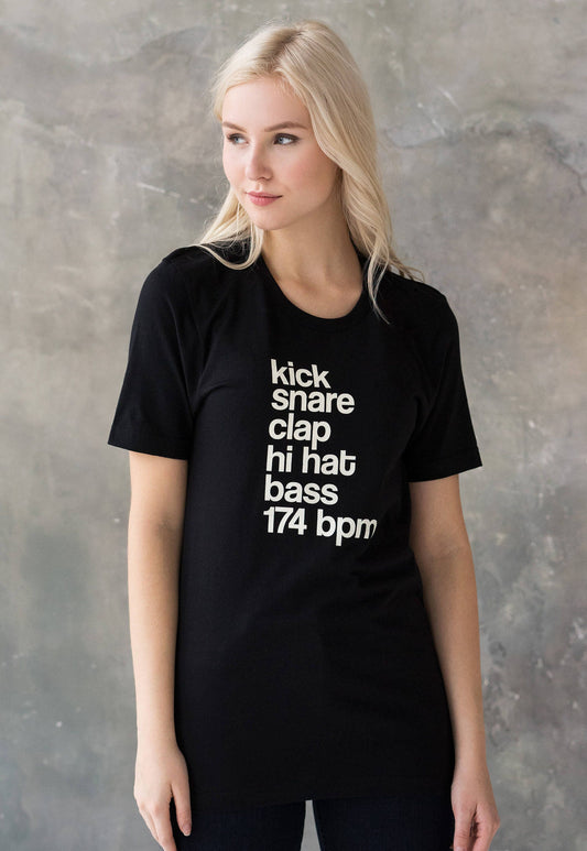 DJ T Shirt Kick Snare 174 BPM Synthesizer Drum and Bass Synth Music Neurofunk Junglist Jungle Music Womens Mens Printed Tee T-Shirt