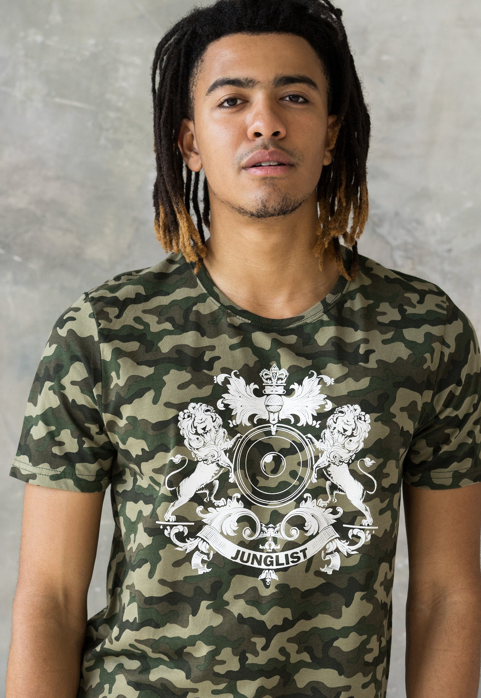 Junglist Coat Of Arms T Shirt Jungle Massive Crest Drum and Bass DJ & Synth Music Producer Festival Camo Camouflage Graphic Printed Tee