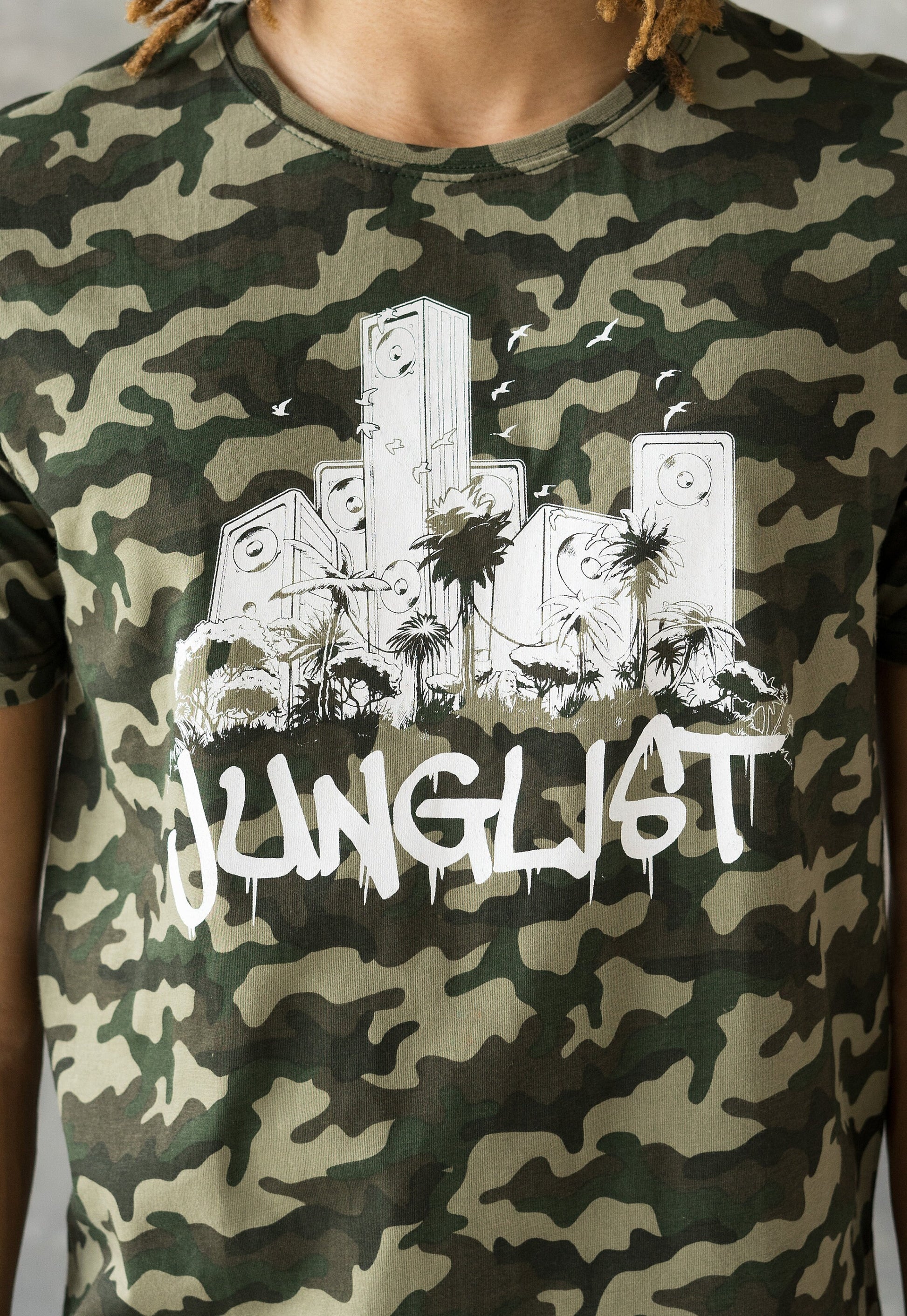 Junglist Sound System T Shirt - Jungle Massive Drum and Bass DJ & Synth Music Producer Amen Camo Camouflage Graphic Printed Mens Womens Tee