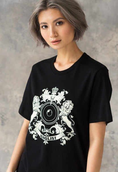 Junglist Coat Of Arms T Shirt - Jungle Massive Crest Lion Heraldry Drum and Bass DJ & Bass Synth Festival Dubstep Womens Mens Printed Tee