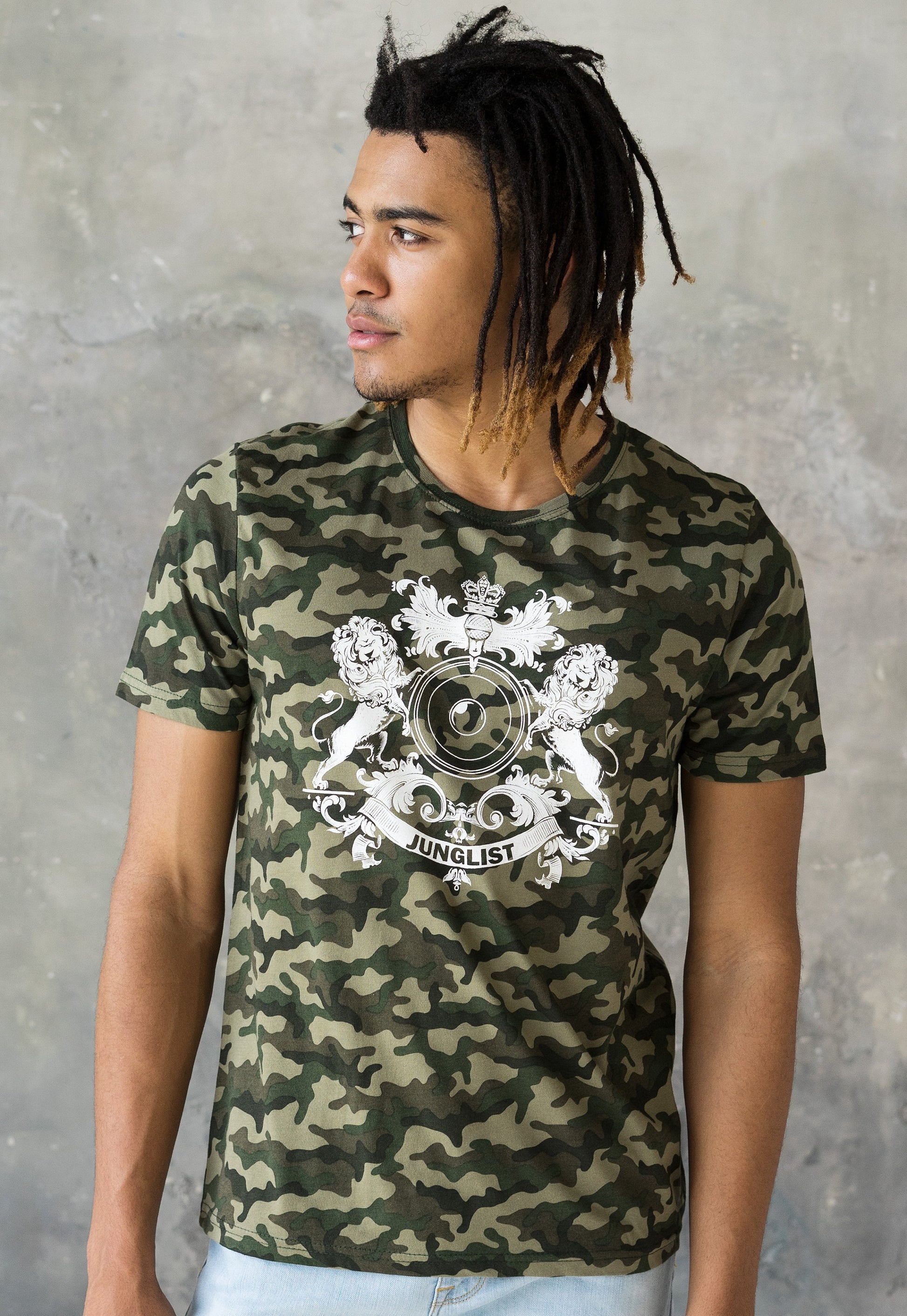 Junglist Coat Of Arms T Shirt Jungle Massive Crest Drum and Bass DJ & Synth Music Festival Camo Camouflage Graphic Women's Printed Tee
