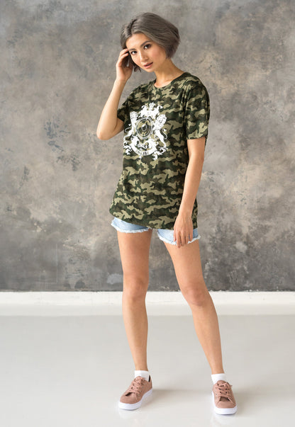 Junglist Coat Of Arms T Shirt Jungle Massive Crest Drum and Bass DJ & Synth Music Festival Camo Camouflage Graphic Women's Printed Tee