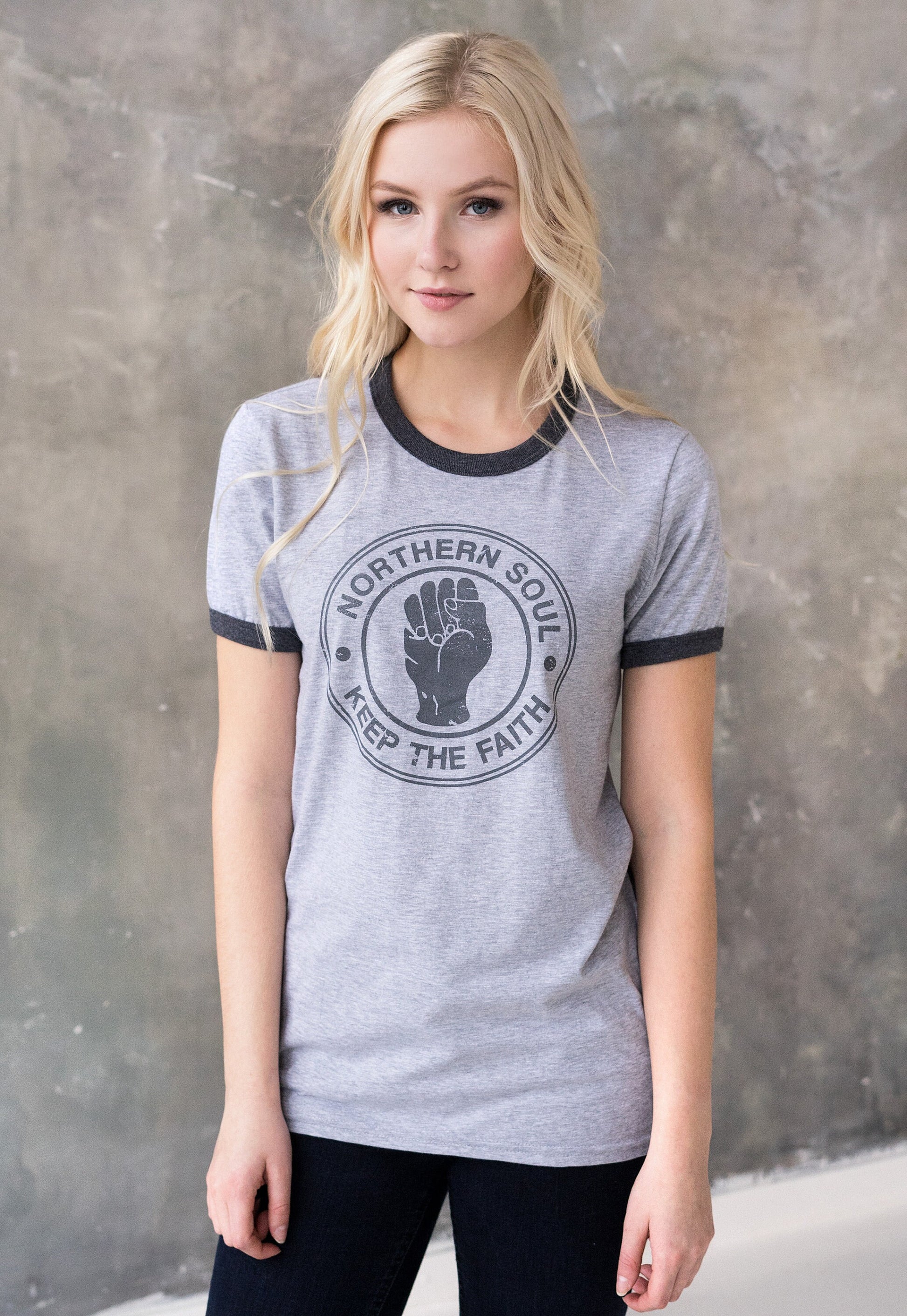 Northern Soul Ringer T Shirt Keep The Faith Logo Distressed Burnout Retro Mod Mods Soul 60s Vintage Style Women's Printed T-Shirt Top Tee