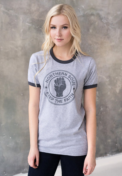 Northern Soul Ringer T Shirt Keep The Faith Logo Distressed Burnout Retro Mod Mods Soul 60s Vintage Style Women's Printed T-Shirt Top Tee