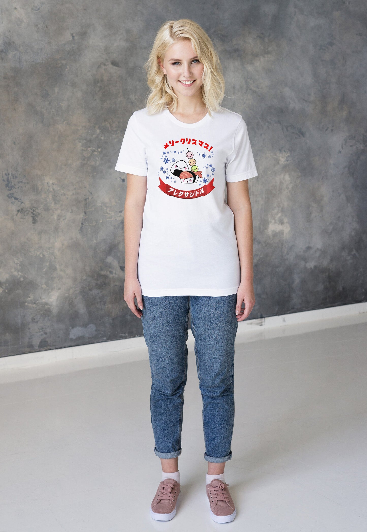 Custom Japanese T Shirt Kawaii Sushi Christmas Calligraphy Your Name Anime Manga Personalised Message Holiday Xmas Cute Women's Men's Tee