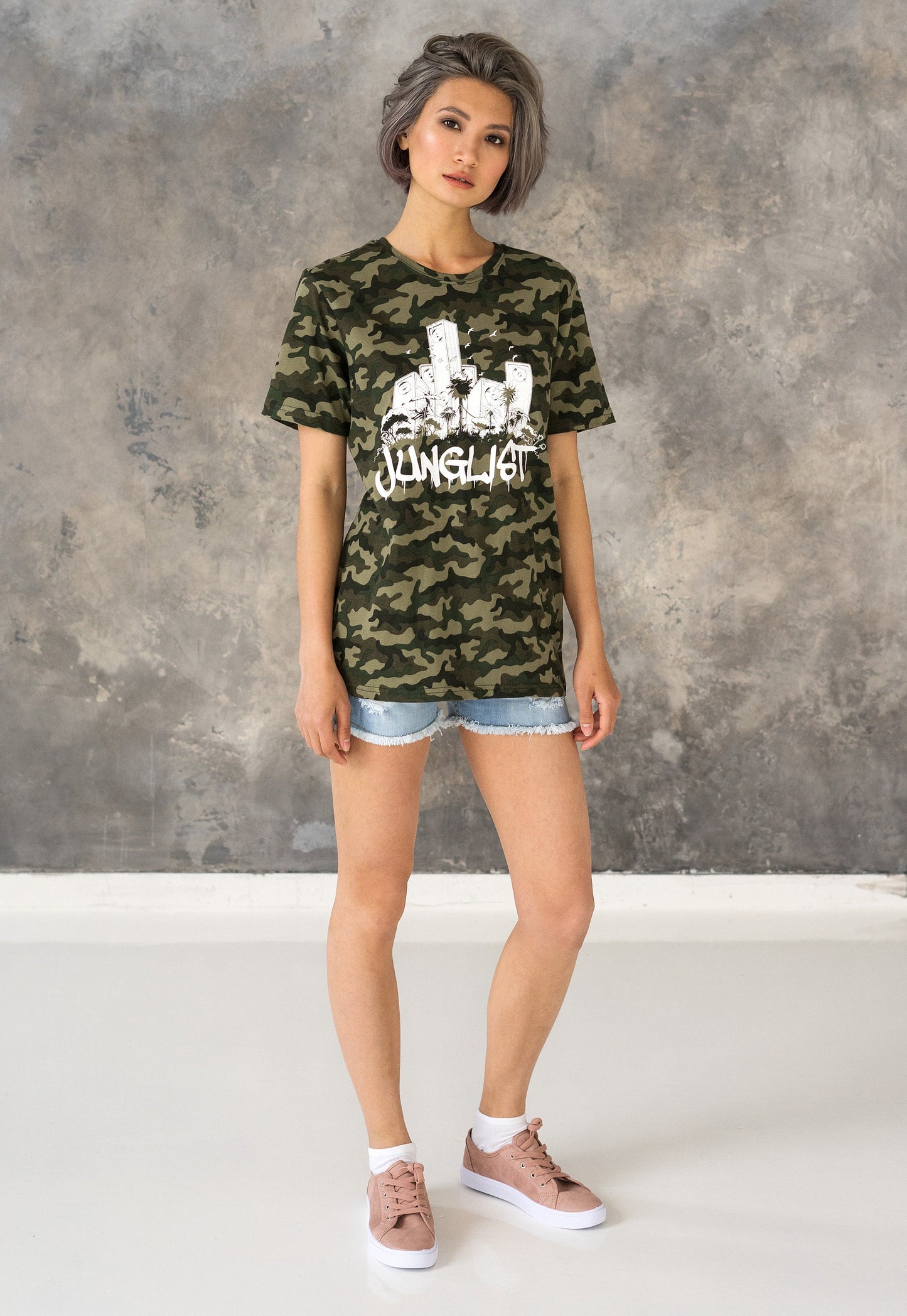 Junglist Sound System T Shirt Jungle Massive Drum and Bass DJ & Synth Music Producer Amen Camo Camouflage Graphic Womens Printed Tee Top
