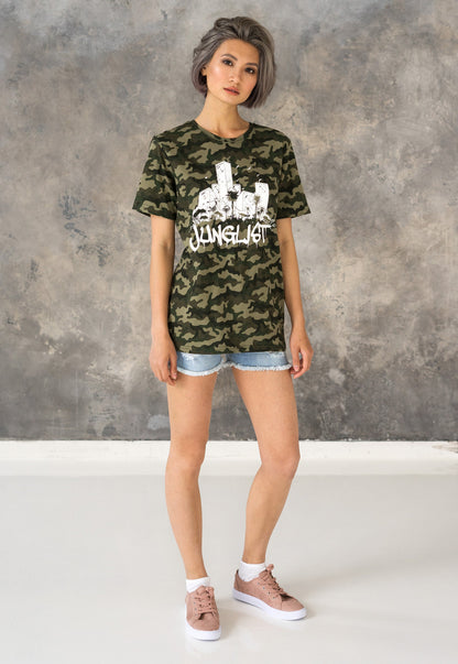 Junglist Sound System T Shirt Jungle Massive Drum and Bass DJ & Synth Music Producer Amen Camo Camouflage Graphic Womens Printed Tee Top