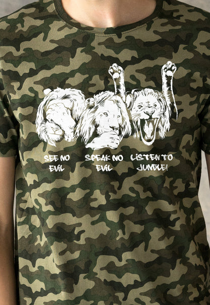 Junglist Lions T Shirt Jungle Massive Drum and Bass DJ & Synth Music Amen Slogan Funny Camo Camouflage Men's Women's Graphic Printed Tee