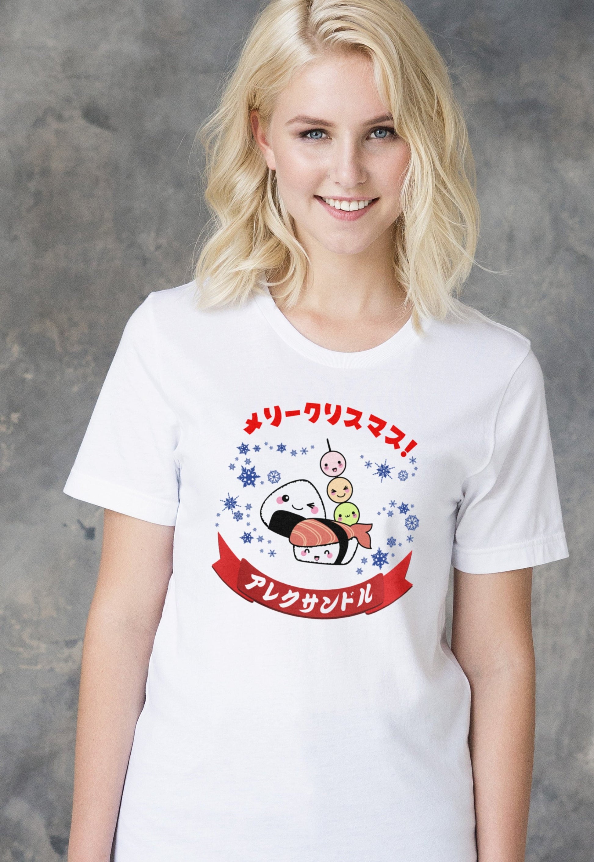 Custom Japanese T Shirt Kawaii Sushi Christmas Calligraphy Your Name Anime Manga Personalised Message Holiday Xmas Cute Women's Men's Tee