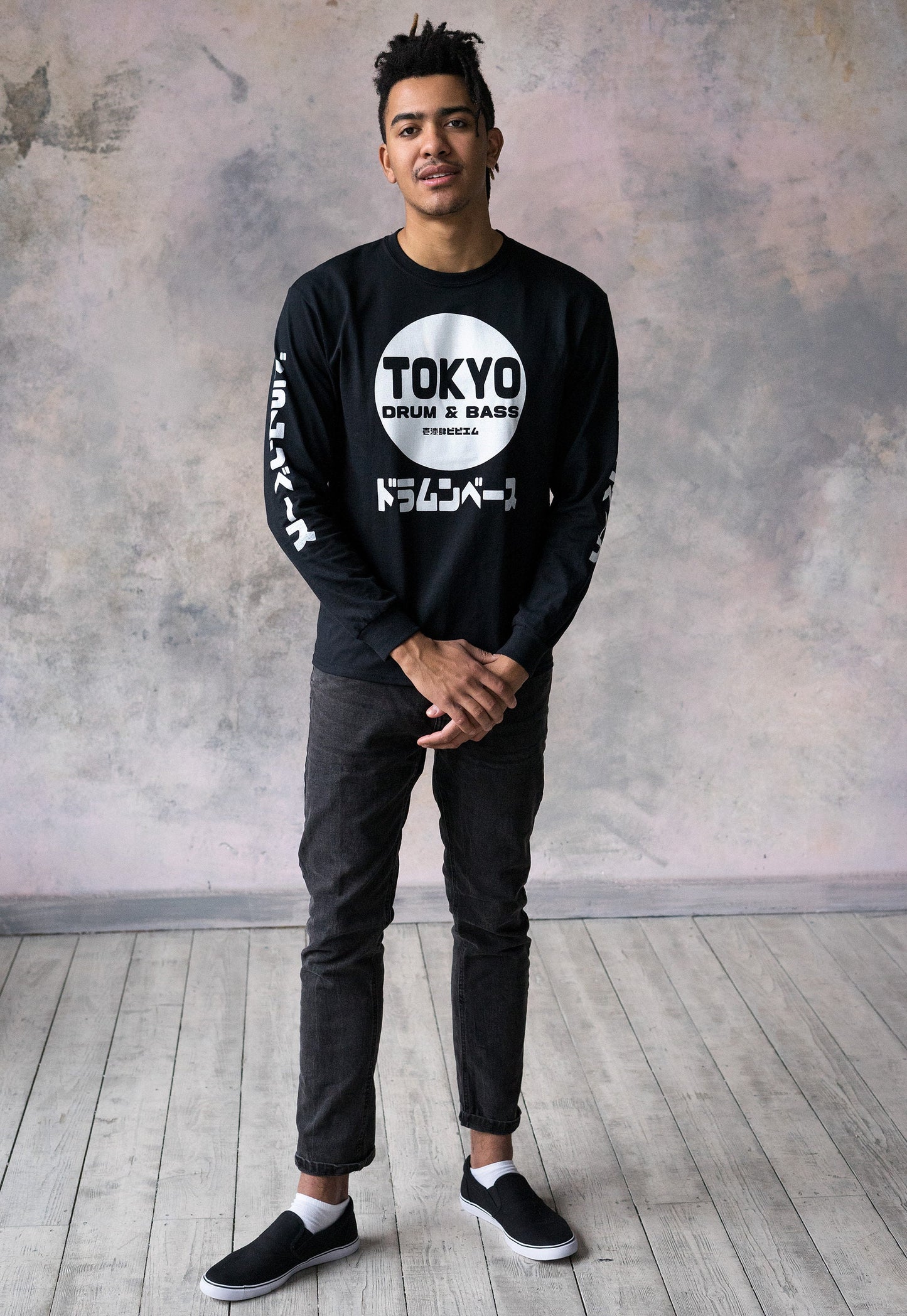 Tokyo Drum & Bass Long Sleeve T Shirt Japanese Writing Sleeve Print 174 BPM Junglist Synthesizer Synth Graphic Printed Mens Womens Japan Tee