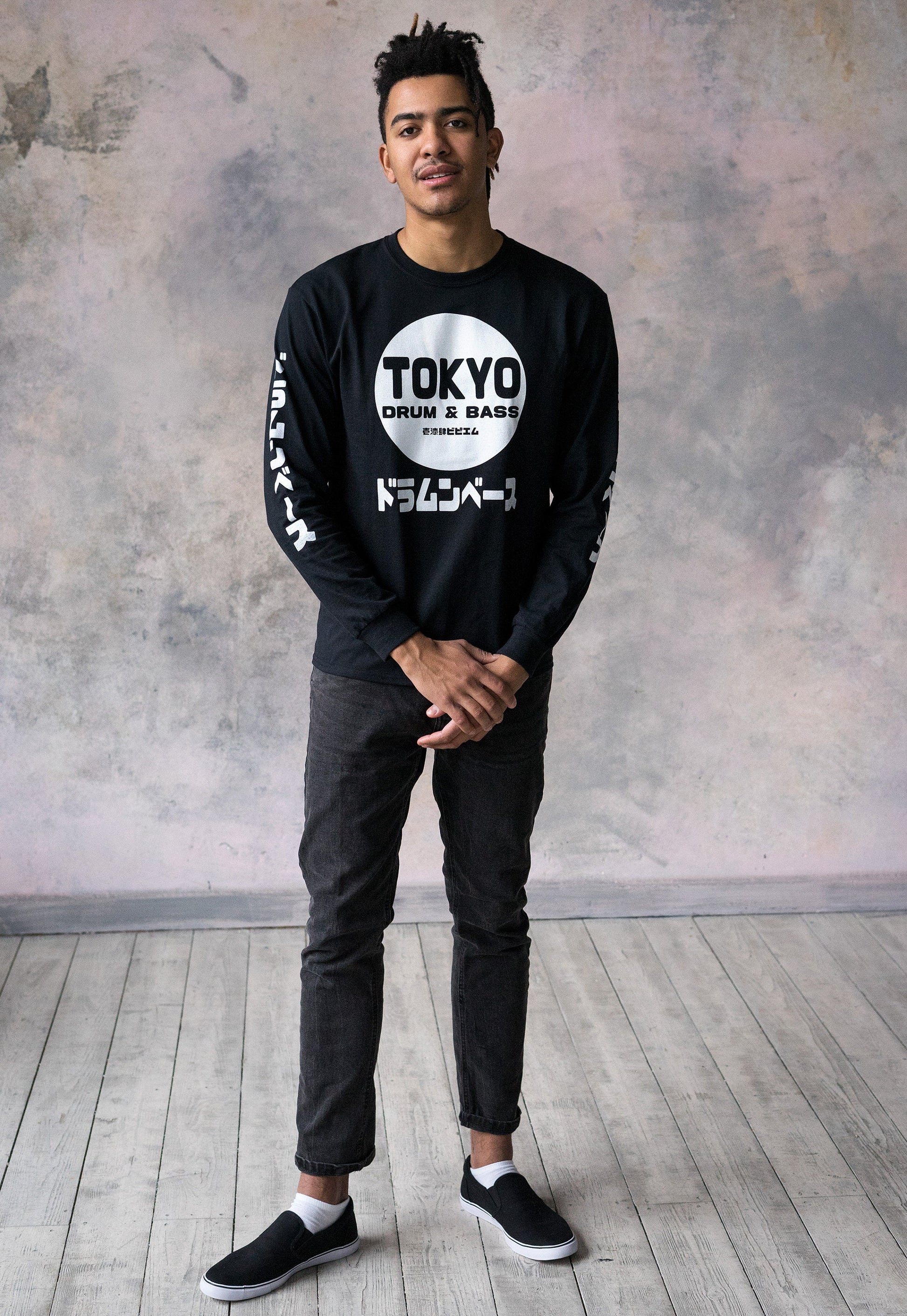 Tokyo Drum & Bass Long Sleeve T Shirt Japanese Writing Sleeve Print 174 BPM Junglist Synthesizer Synth Graphic Printed Mens Womens Japan Tee