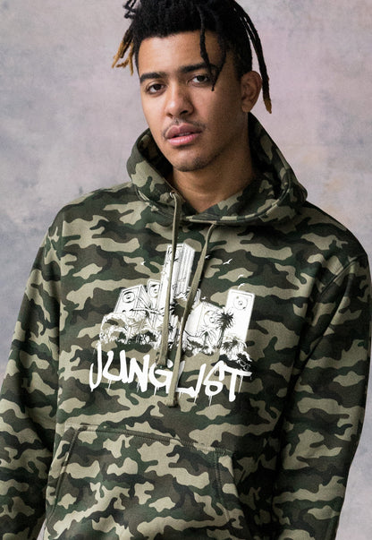 Junglist Sound System Camo Hoodie - Drum and Bass Rhythm Machine Synth DnB Amen Music Producer Mens Camouflage Sweatshirt Printed Hooded Top
