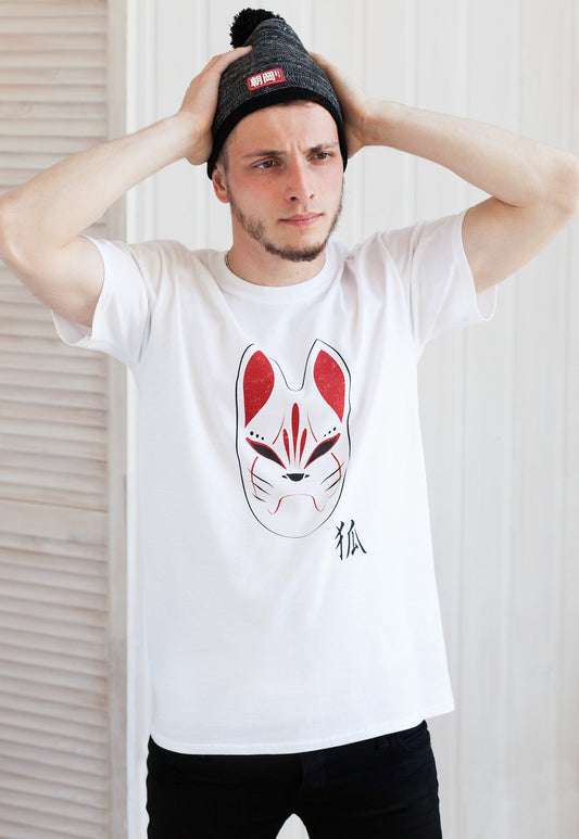 Japanese T Shirt – Kitsune Fox Mask Inari Japan Tokyo Anime Manga Kawaii Harajuku Fashion Cosplay Comicon Kanji Calligraphy Printed Tee Top