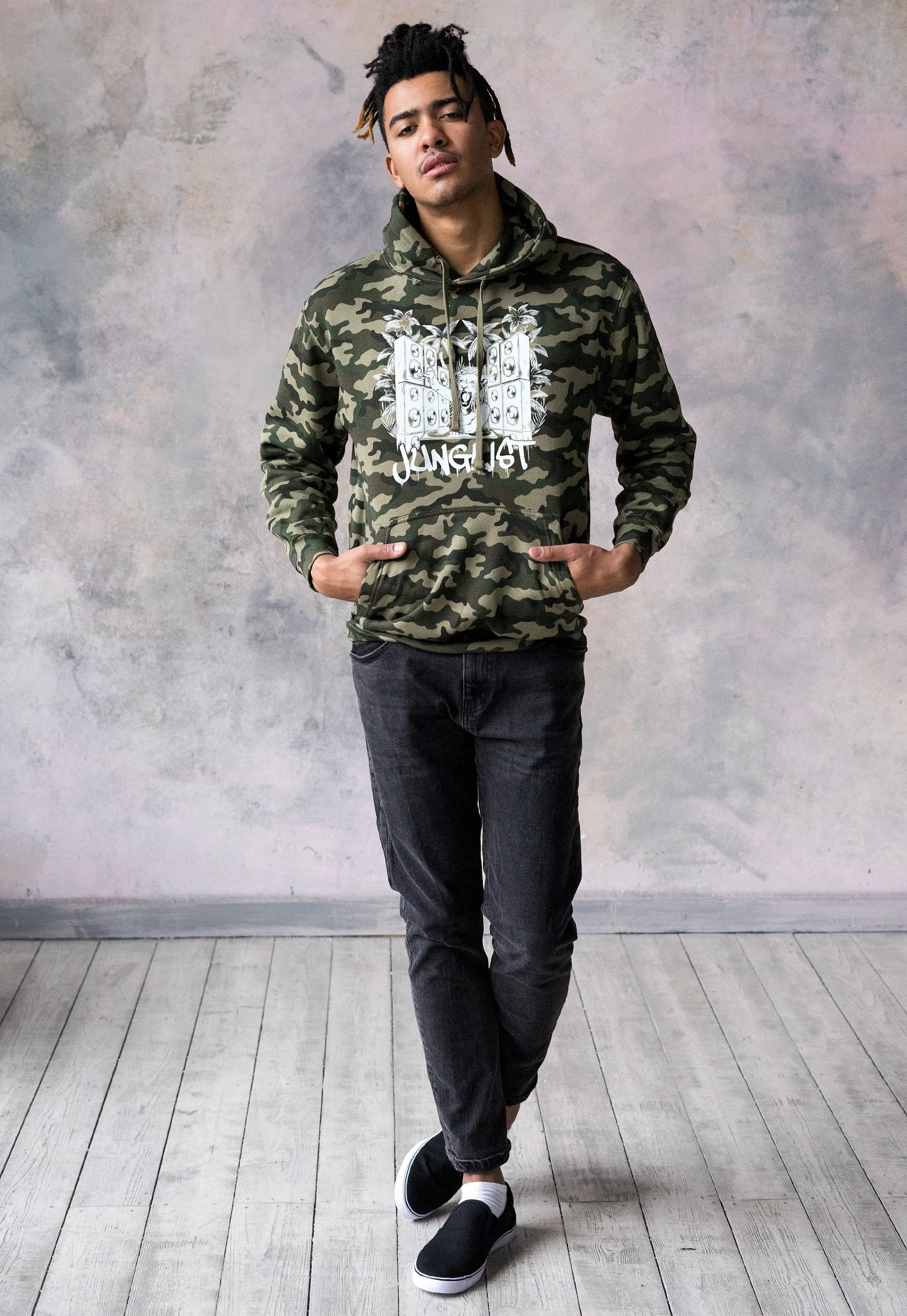 Junglist Lion DJ Decks Camo Hoodie Drum and Bass Dreads Jungle Synth Amen Music Producer Camouflage Sweatshirt Mens Women Printed Hooded Top