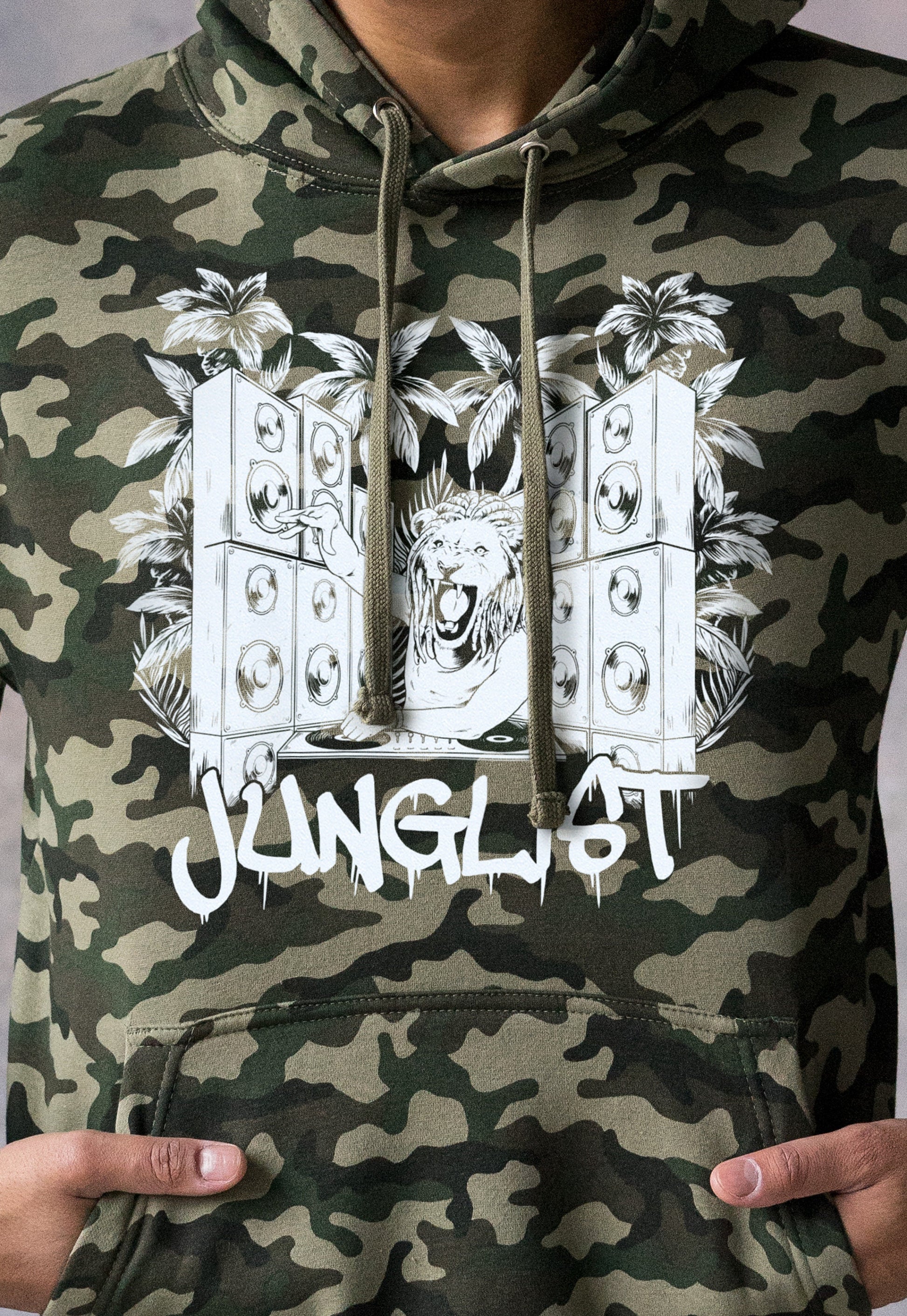 Junglist Lion DJ Decks Camo Hoodie Drum and Bass Dreads Jungle Synth Amen Music Producer Camouflage Sweatshirt Mens Women Printed Hooded Top