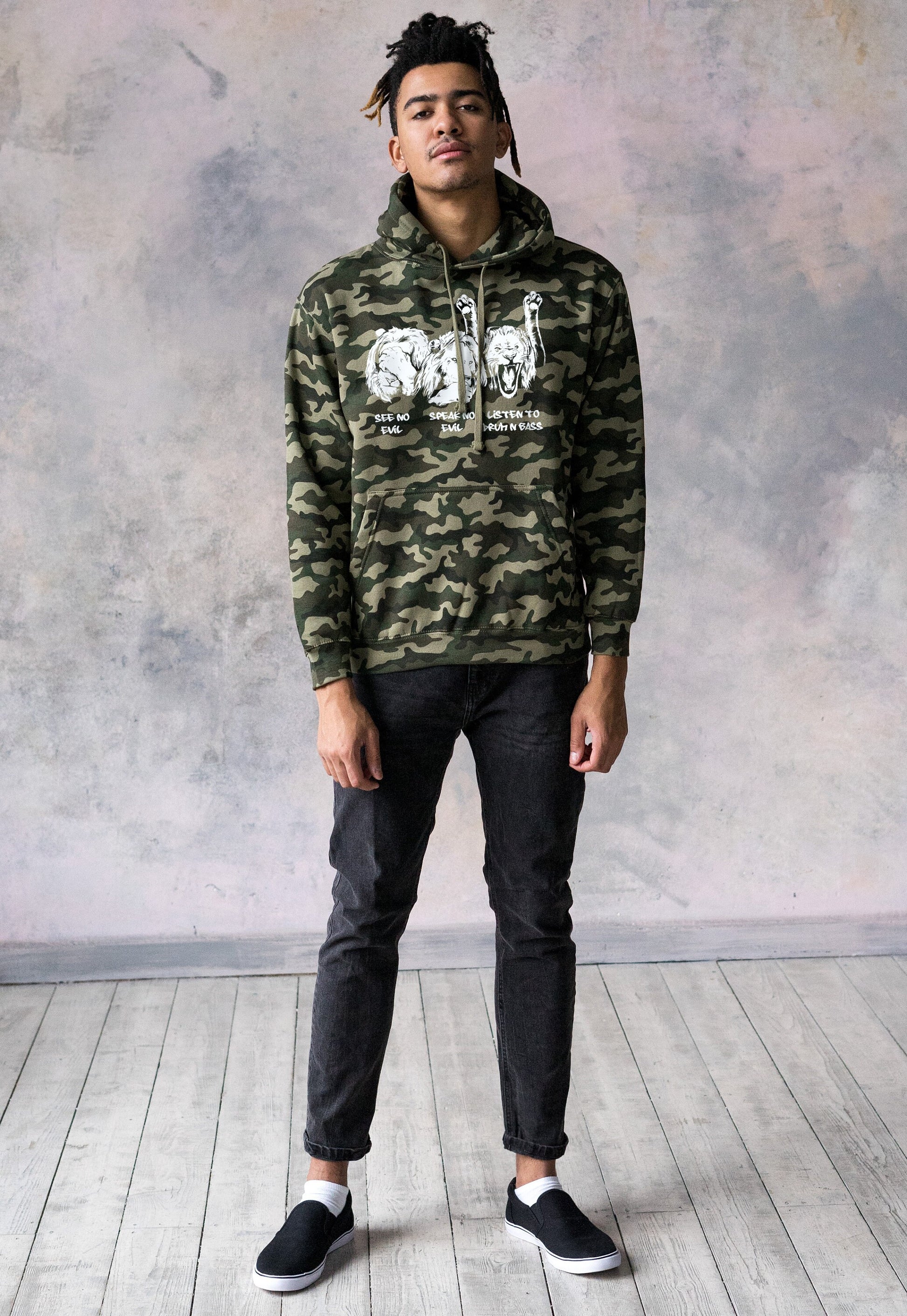 Drum and Bass Lions Camo Hoodie Junglist See Hear Speak No Evil Synth Amen Music Producer Mens Camouflage Sweatshirt Printed Hooded Top
