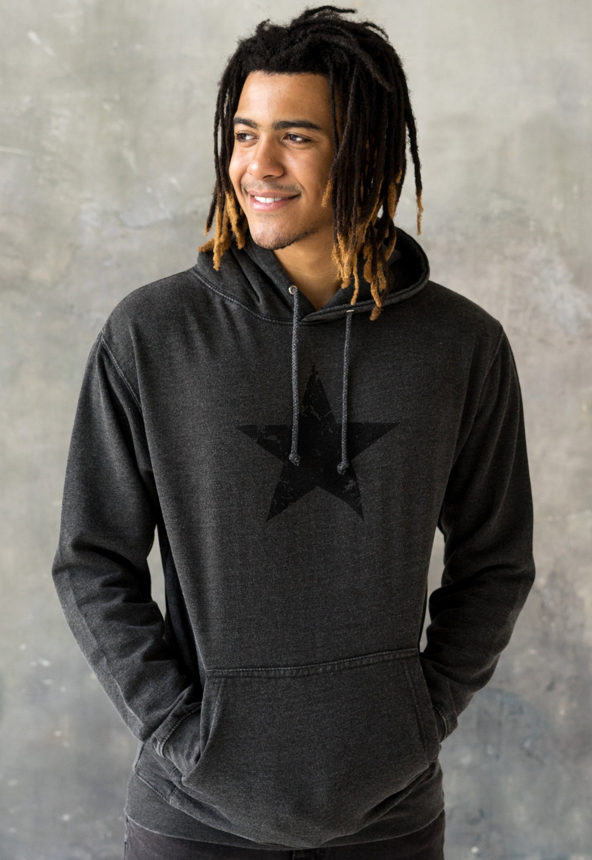 Black Distressed Star Hoodie Minimalist Abstract Geometric Streetwear Retro Graphic Design Womens Mens Sweatshirt Washed Brushed Hooded Top