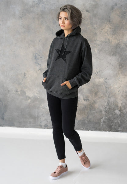Black Distressed Star Hoodie Minimalist Abstract Geometric Streetwear Retro Graphic Design Womens Mens Sweatshirt Washed Brushed Hooded Top
