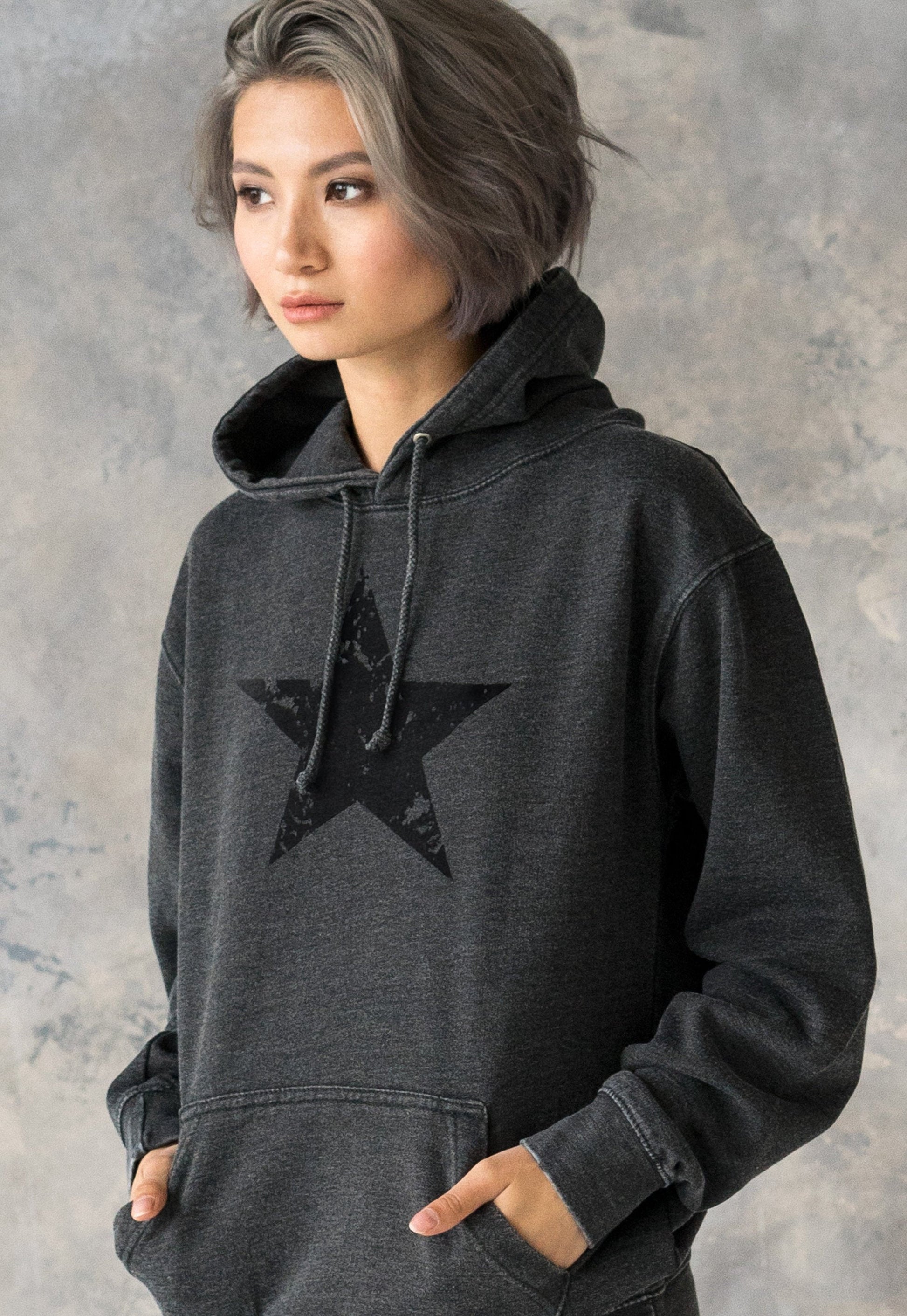 Black Distressed Star Hoodie Minimalist Abstract Geometric Streetwear Retro Graphic Design Womens Mens Sweatshirt Washed Brushed Hooded Top