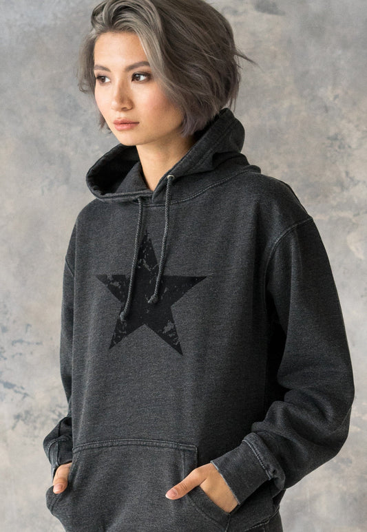 Black Distressed Star Hoodie Minimalist Abstract Geometric Streetwear Retro Graphic Design Womens Mens Sweatshirt Washed Brushed Hooded Top