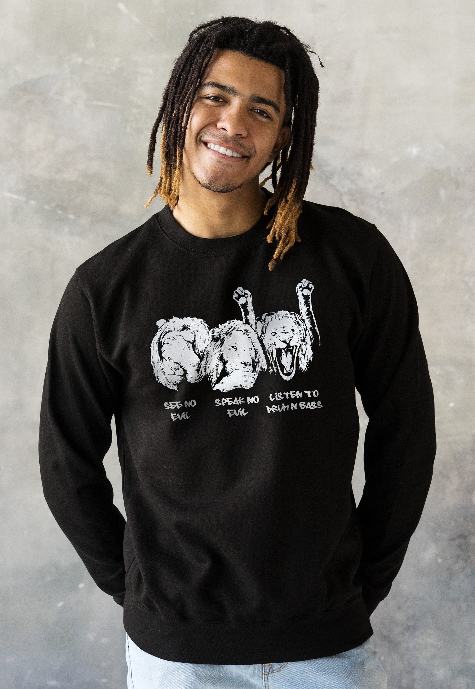 Drum and Bass Lions Sweatshirt See Hear Speak No Evil Jungle Massive Junglist DJ Synth Dreadlocks Music Producer Sweater Pullover Jumper Top