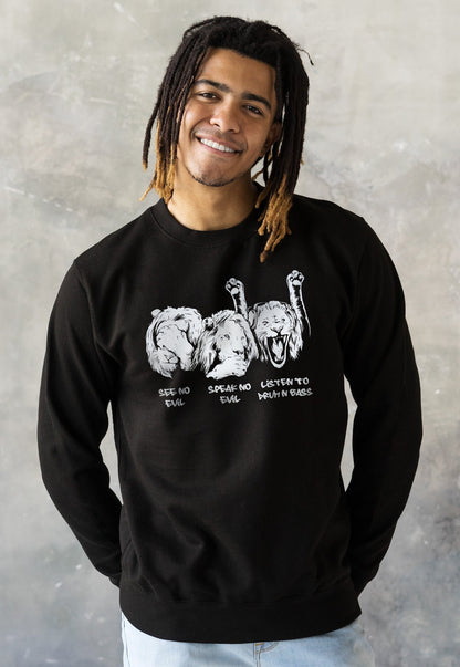Drum and Bass Lions Sweatshirt See Hear Speak No Evil Jungle Massive Junglist DJ Synth Dreadlocks Music Producer Sweater Pullover Jumper Top