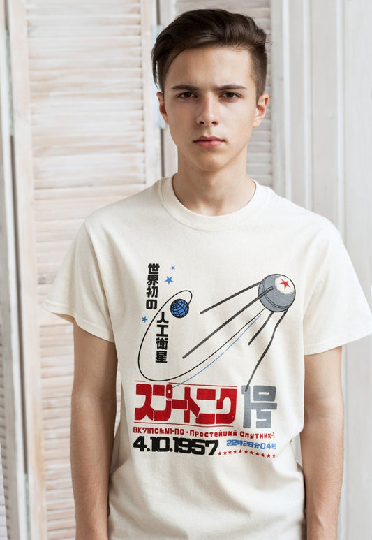 Sputnik T Shirt Japanese Kanji Shirt Soviet Space Japan Retro Kawaii Satellite USSR CCCP Russian Men's Women's Screen Printed Ivory Tee Top