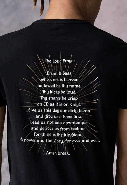 Drum and Bass Prayer T Shirt Back Print Junglist Neurofunk DJ Rhythm Machine Synth Synthesizer Amen DnB Dubstep Mens Womens Printed Tee Top
