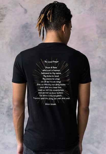 Drum and Bass Prayer T Shirt Back Print Junglist Neurofunk DJ Rhythm Machine Synth Synthesizer Amen DnB Dubstep Mens Womens Printed Tee Top