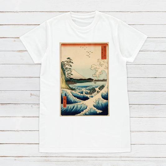 Japanese Ukiyo-e T Shirt Woodblock Art Hiroshige Sea Wave Fuji Mountain Print Japan Kanji Calligraphy Gifts Womens Mens Graphic Printed Tee