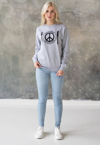 Vegan Sweatshirt - Peace Begins On Your Plate - Herbivore Animal Rights Activist Liberal Peace Sign Women's Men's Graphic Printed Top Jumper