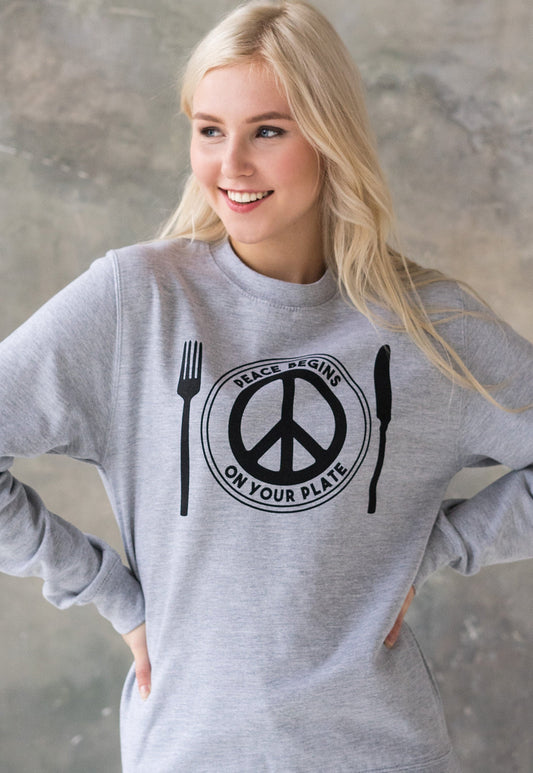 Vegan Sweatshirt - Peace Begins On Your Plate - Herbivore Animal Rights Activist Liberal Peace Sign Women's Men's Graphic Printed Top Jumper