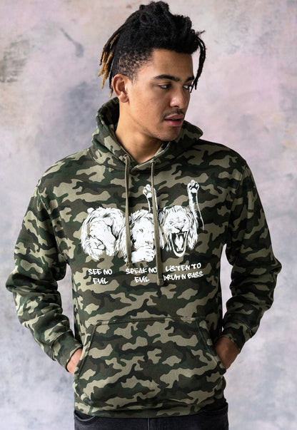Drum and Bass Lions Camo Hoodie Junglist See Hear Speak No Evil Synth Amen Music Producer Mens Camouflage Sweatshirt Printed Hooded Top