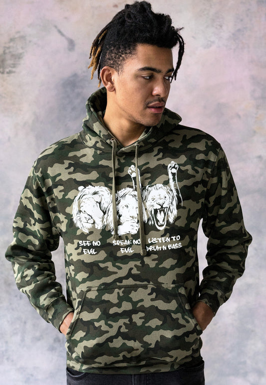 Drum and Bass Lions Camo Hoodie Junglist See Hear Speak No Evil Synth Amen Music Producer Mens Camouflage Sweatshirt Printed Hooded Top