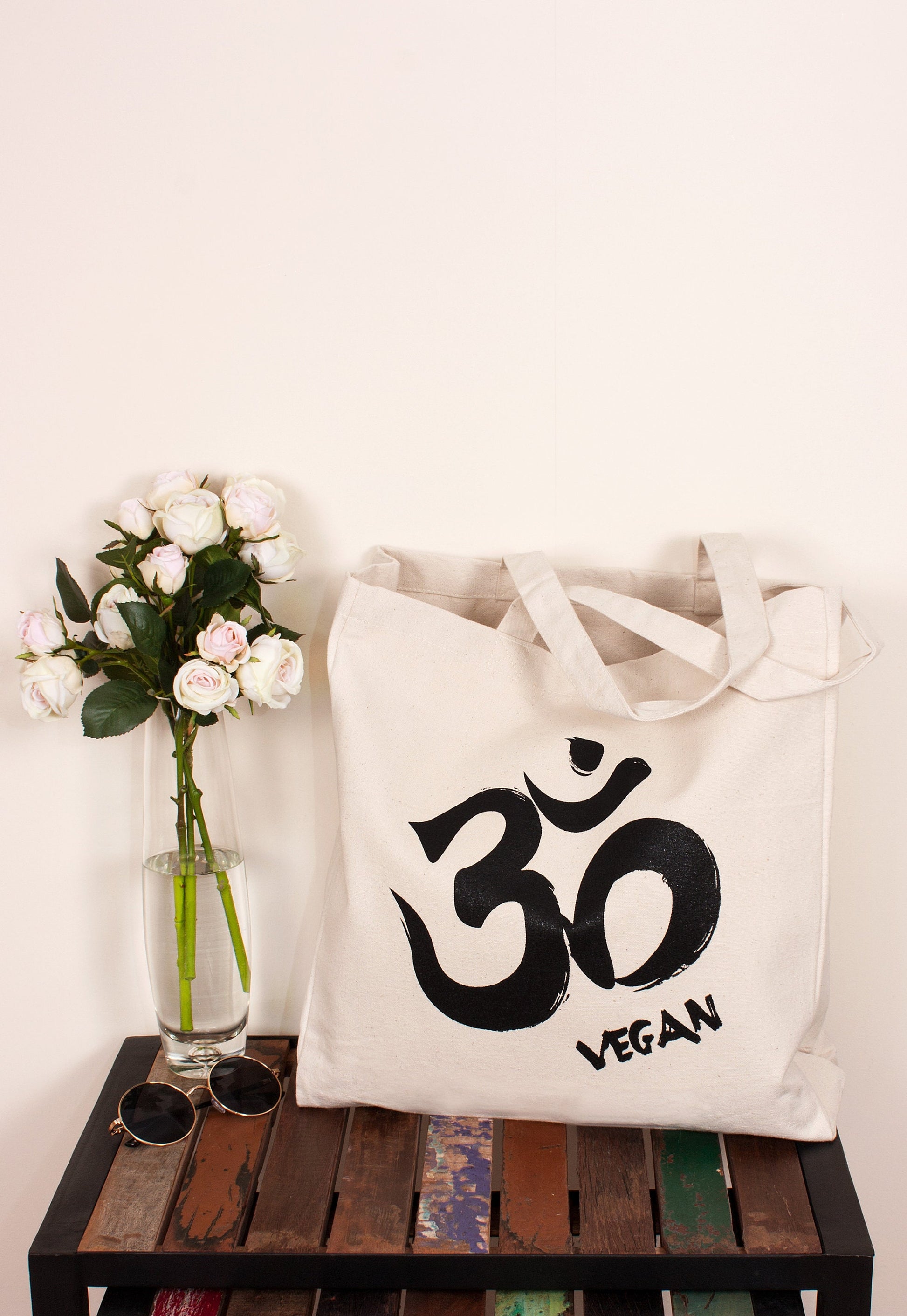 Om Vegan Tote Bag - Vegetarian Veggie Animals Ohm Aum Yoga Sanskrit Lotus Cotton Canvas Tote Shopper Bag Screen Printed Eco Friendly Market