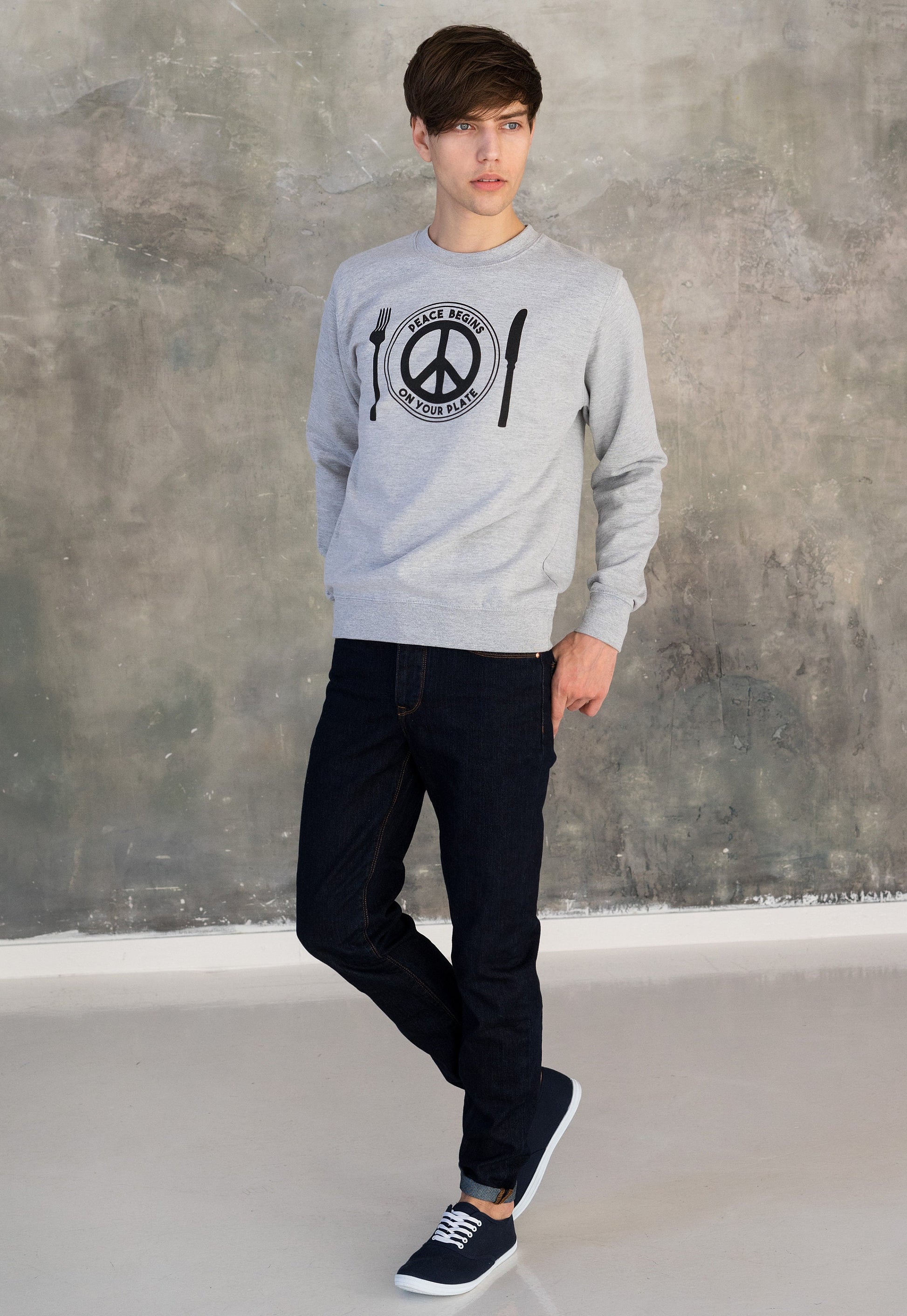 Vegan Sweatshirt - Peace Begins On Your Plate - Herbivore Animal Rights Activist Liberal Peace Sign Women's Men's Graphic Printed Top Jumper