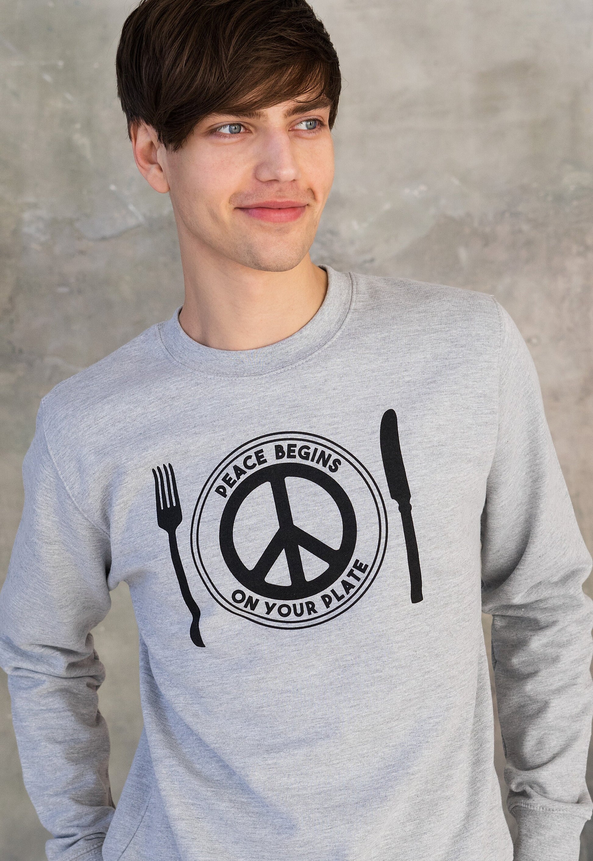 Vegan Sweatshirt - Peace Begins On Your Plate - Herbivore Animal Rights Activist Liberal Peace Sign Women's Men's Graphic Printed Top Jumper