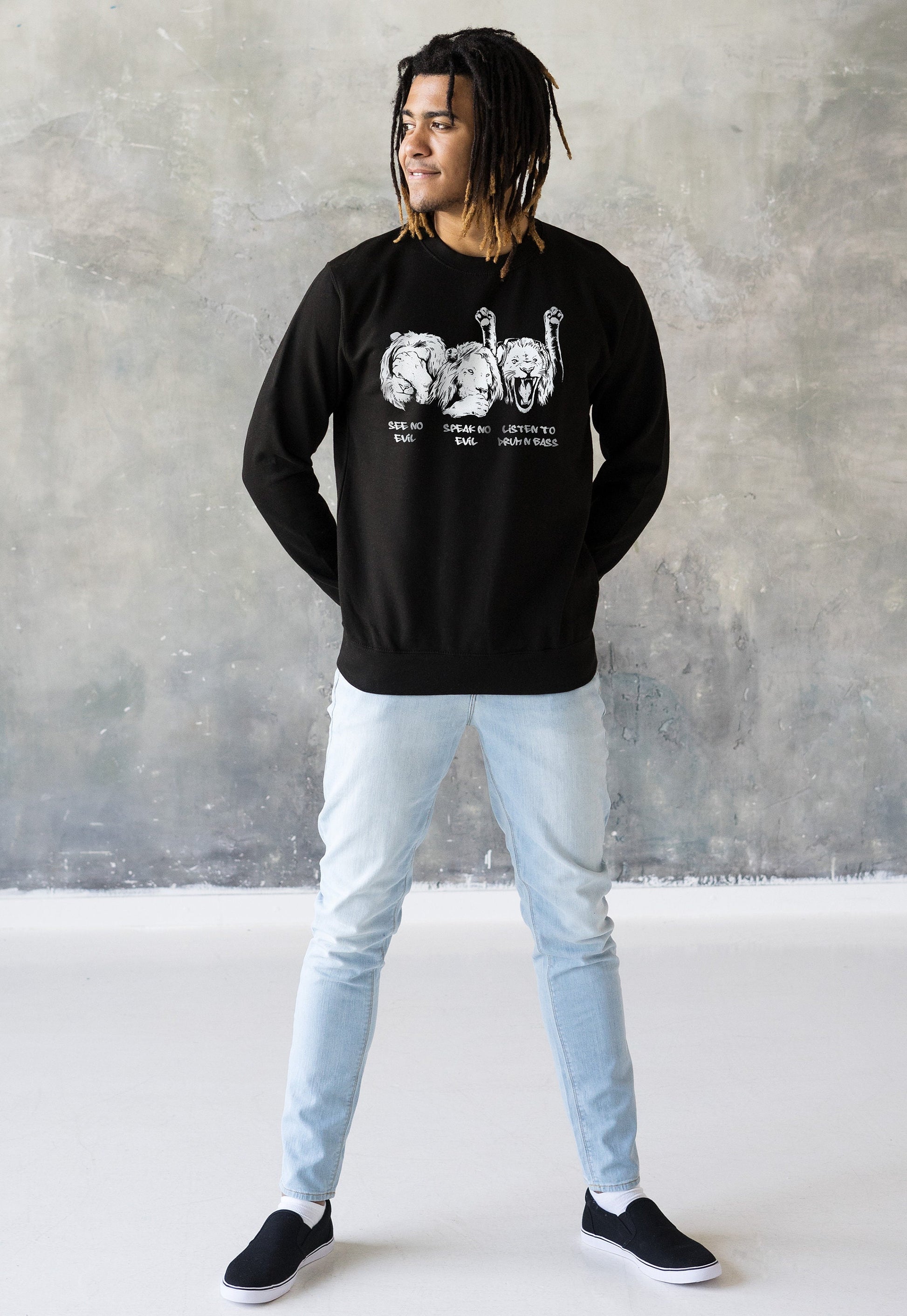 Drum and Bass Lions Sweatshirt See Hear Speak No Evil Jungle Massive Junglist DJ Synth Dreadlocks Music Producer Sweater Pullover Jumper Top