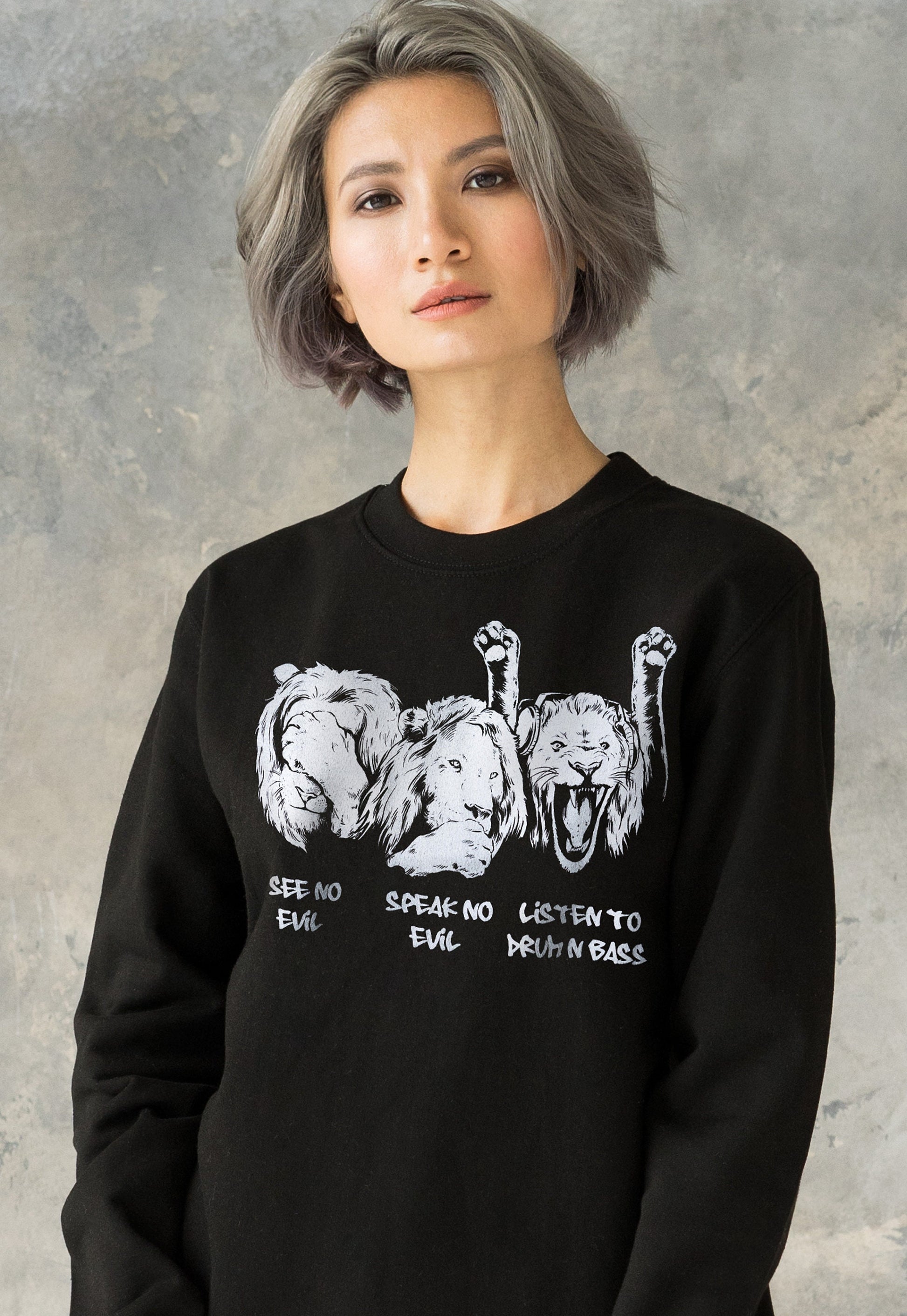 Drum and Bass Lions Sweatshirt See Hear Speak No Evil Jungle Massive Junglist DJ Synth Dreadlocks Music Producer Sweater Pullover Jumper Top
