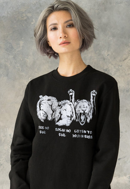 Drum and Bass Lions Sweatshirt See Hear Speak No Evil Jungle Massive Junglist DJ Synth Dreadlocks Music Producer Sweater Pullover Jumper Top