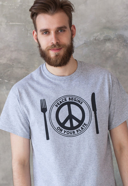 Vegan T Shirt Peace Begins On Your Plate Vegetarian Veggie Liberation Animal Rights Compassion Herbivore Peace Sign Mens Women's Printed Tee