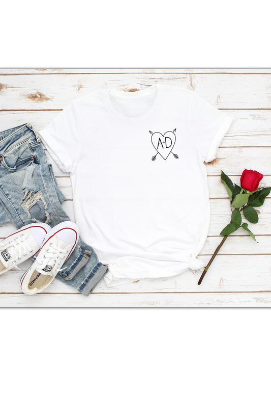 Heart Pocket Print T Shirt Arrow Heart Initials Monogram Custom Name Valentine's Day Birthday Cute AF Mr & Mrs Womens Gifts Mens Printed Tee