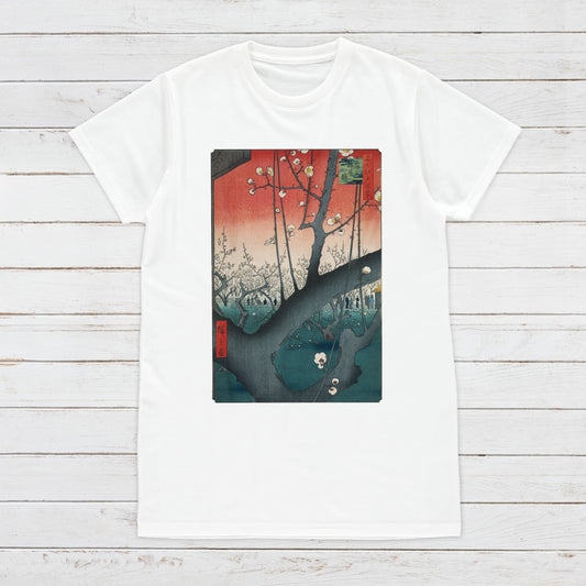Japanese Ukiyo-e T Shirt Woodblock Art Hiroshige Plum Park in Kameido Japan Kanji Calligraphy Print Gifts Womens Mens Graphic Printed Tee