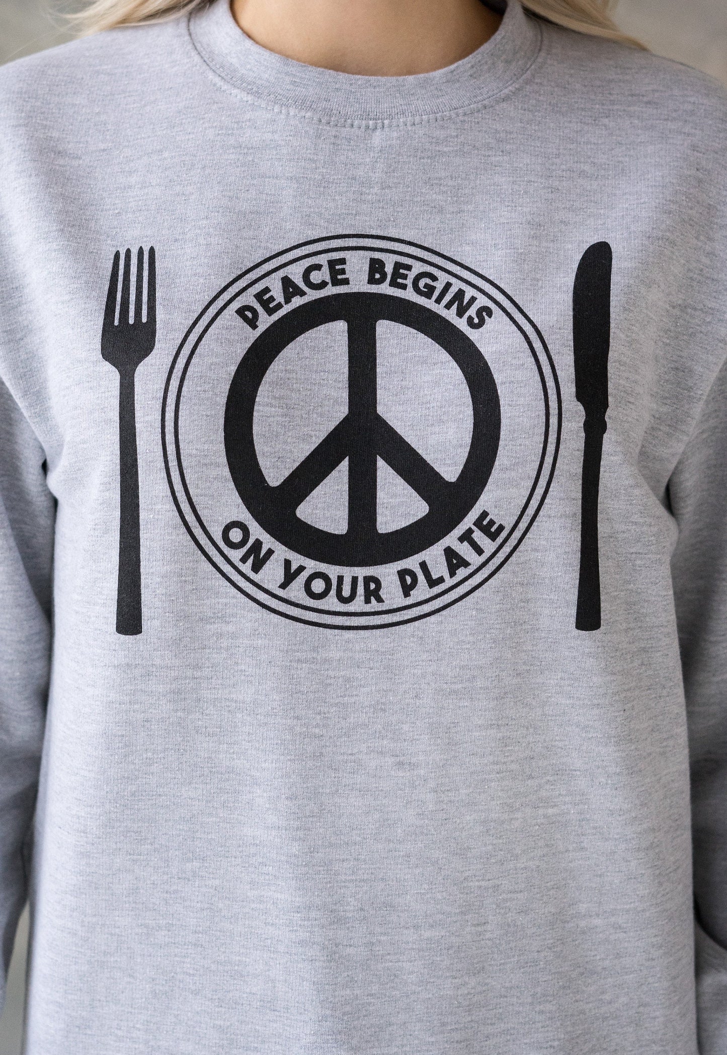 Vegan Sweatshirt - Peace Begins On Your Plate - Herbivore Animal Rights Activist Liberal Peace Sign Women's Men's Graphic Printed Top Jumper