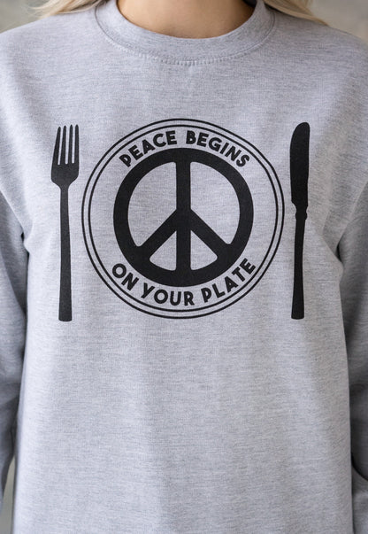 Vegan Sweatshirt - Peace Begins On Your Plate - Herbivore Animal Rights Activist Liberal Peace Sign Women's Men's Graphic Printed Top Jumper