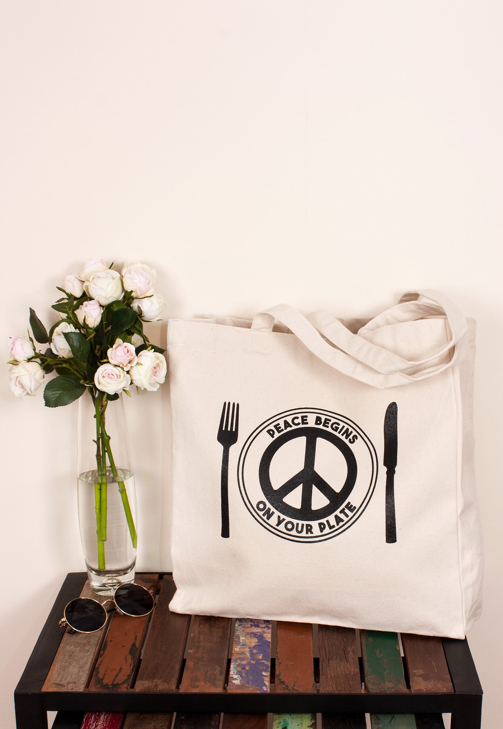 Vegan Tote Bag Peace Begins On Your Plate Egdy Veggie Peace Sign Cotton Canvas Tote Shopper Bag Screen Printed Eco Friendly Reusable Market