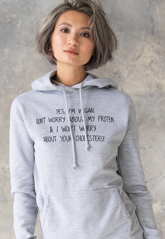 Vegan Hoodie Don't Worry About My Protein Slogan Funny Positive Herbivore Slogan Be Kind AF Womens Grey Printed Hooded Top Jumper Sweatshirt
