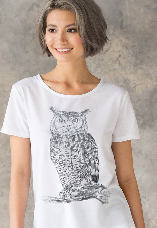 Owl T Shirt Artist Pencil Sketch Drawing Bird Animal Print Animals Forest Nature Cute Pretty Vegan Forest Women's Graphic Printed Top Tee